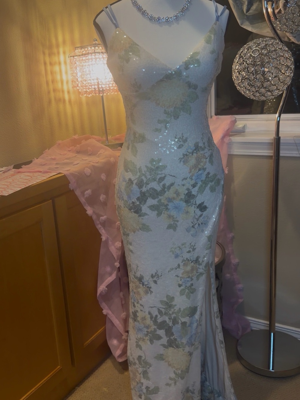 Elegant Floral Sequin Slip Dress in Ivory and Sage